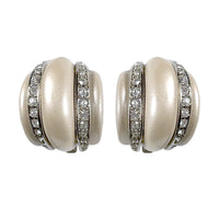 Kenneth Jay Lane Silver Plated Clip Earrings with Pearl Resin and Pave Crystals