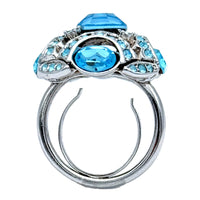 Kenneth Jay Lane Silver Plated Ring with Aquamarine Austrian Crystals Adjustable