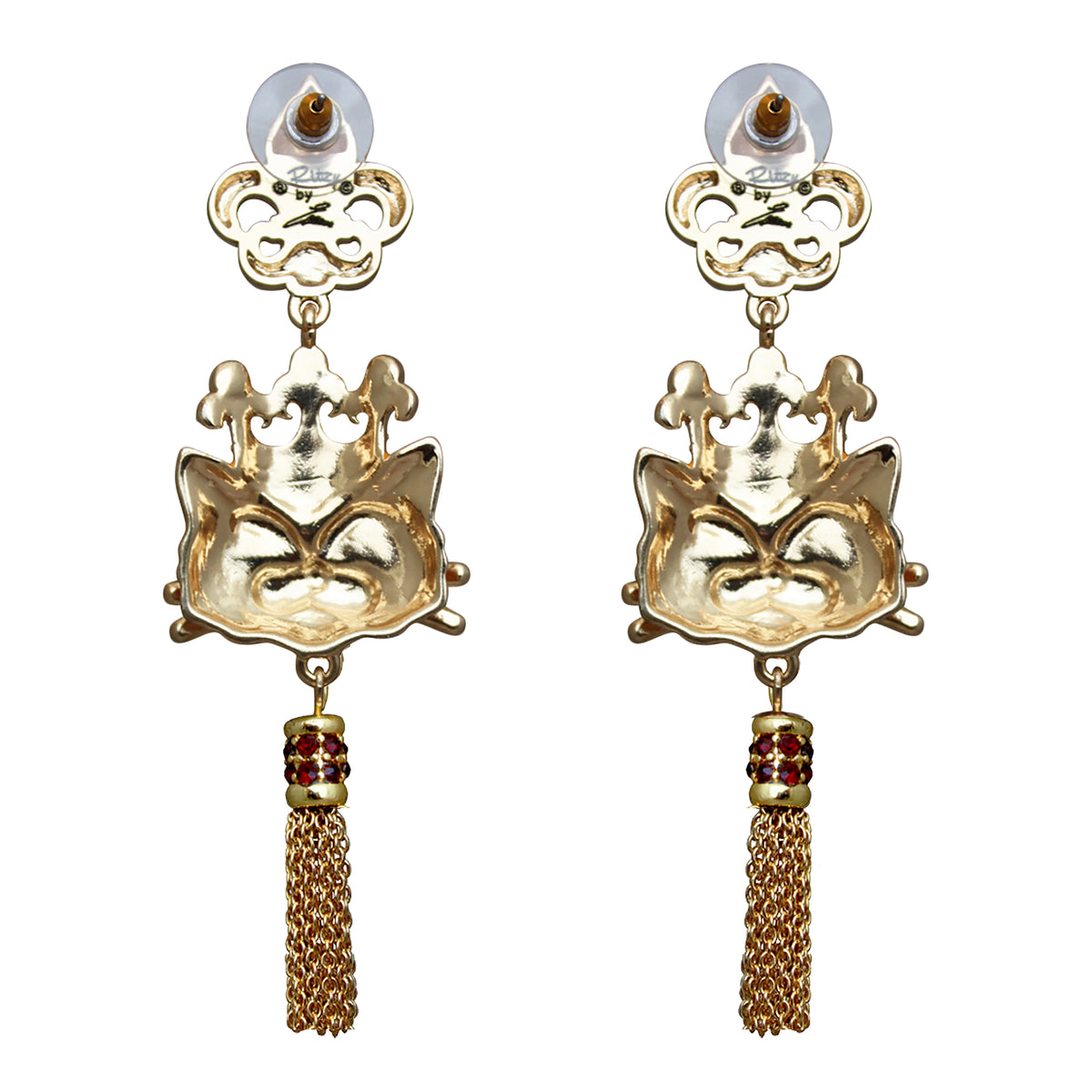 Ritzy Couture Princess Kitty Royal Crown White Cat Enamel Tassel Earrings-Goldtone