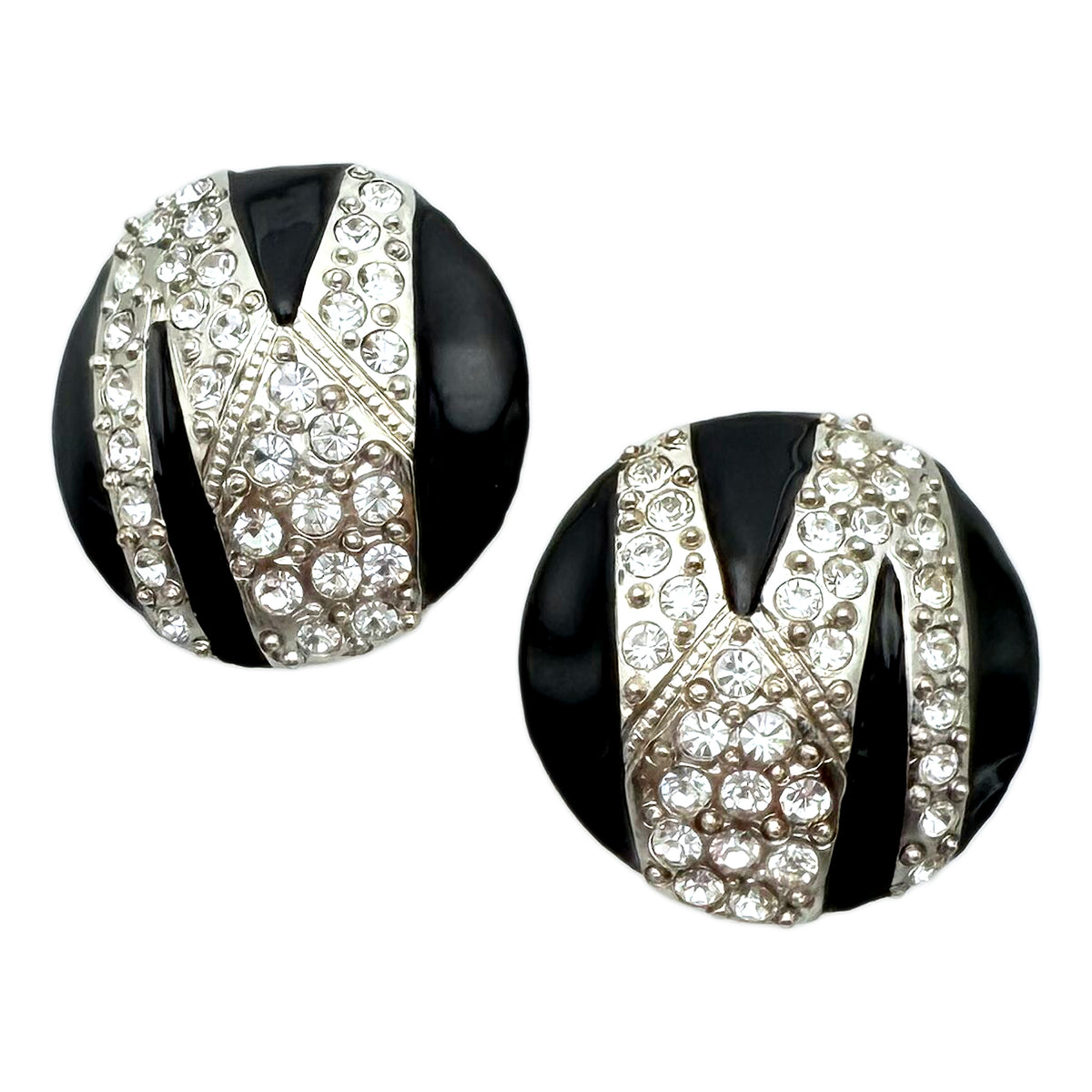 Kenneth Jay Lane Silver Plated Black Enamel Clip Earrings with Crystal Zigzag