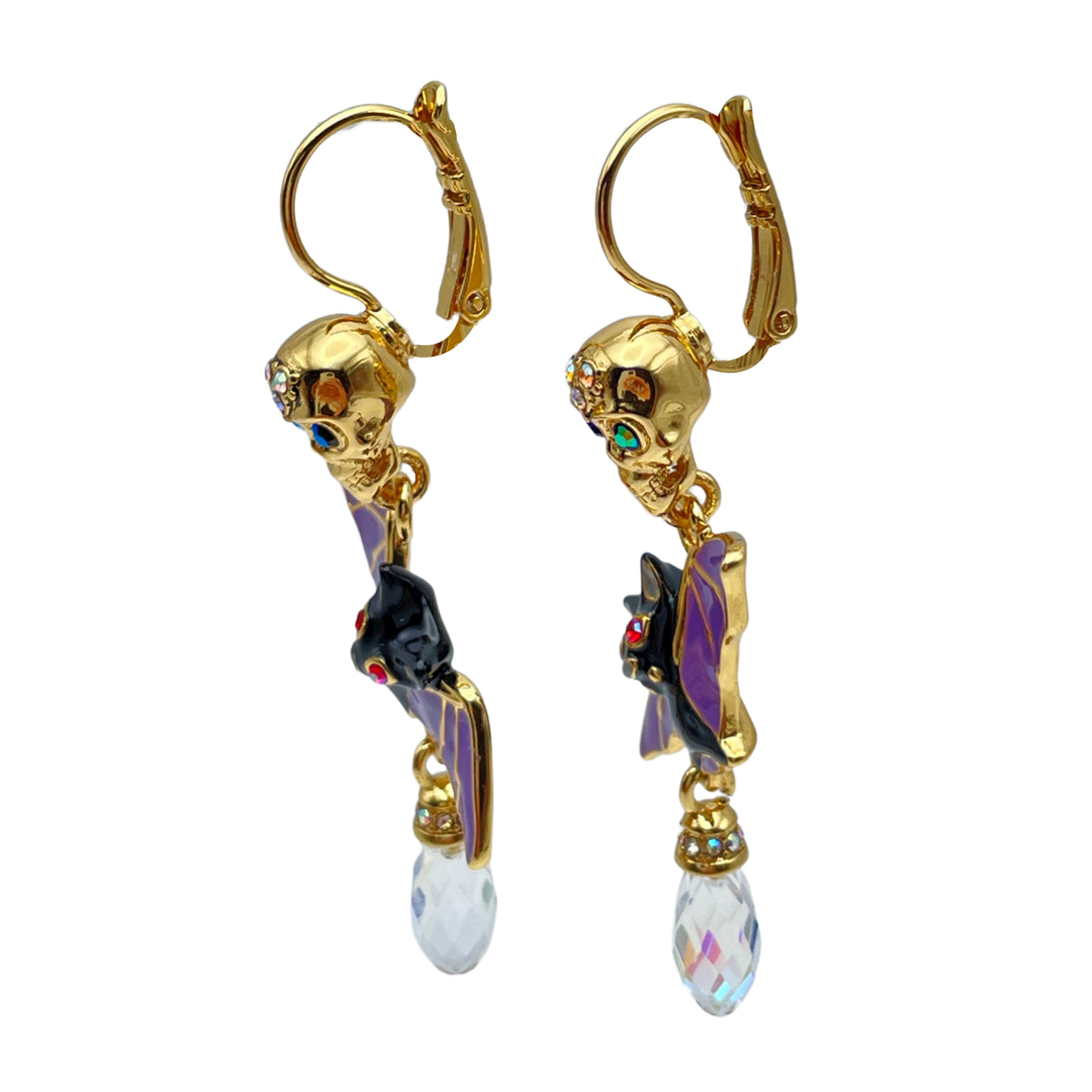 Halloween Bat Wing Skull Leverback Earrings Ritzy Couture DeLuxe 18k Gold Plated