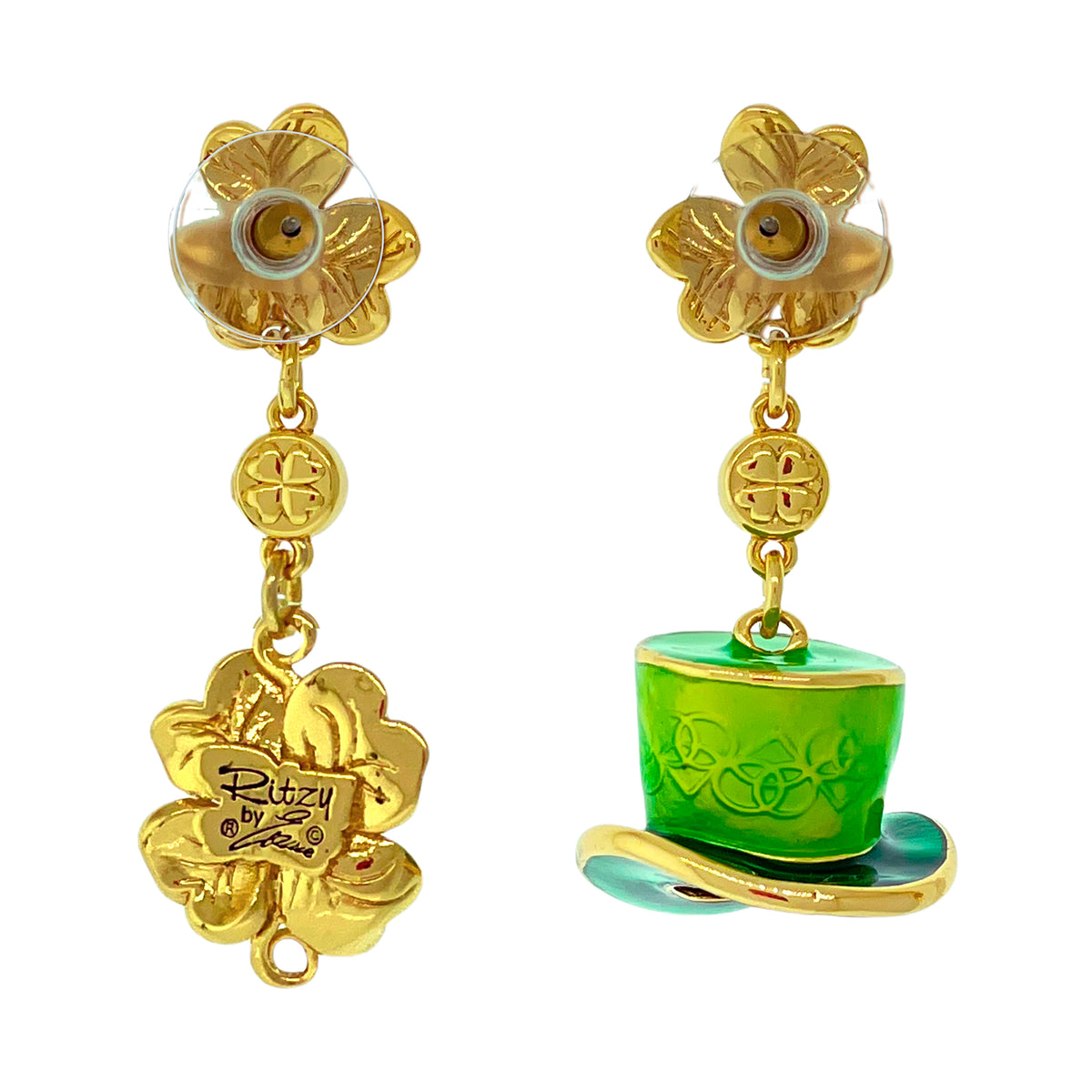 Leprechaun Hat Shamrock Crystal Earrings Ritzy Couture DeLuxe 18k Gold Plating