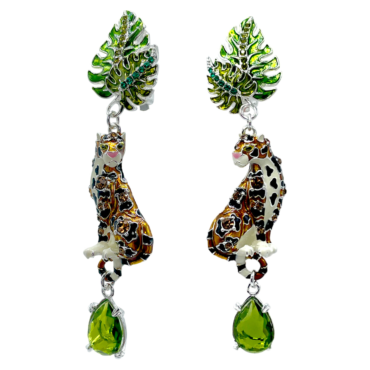 Ritzy Couture DeLuxe Wild Leopard Jungle Dangle Earrings - Fine Silver Plated Brass