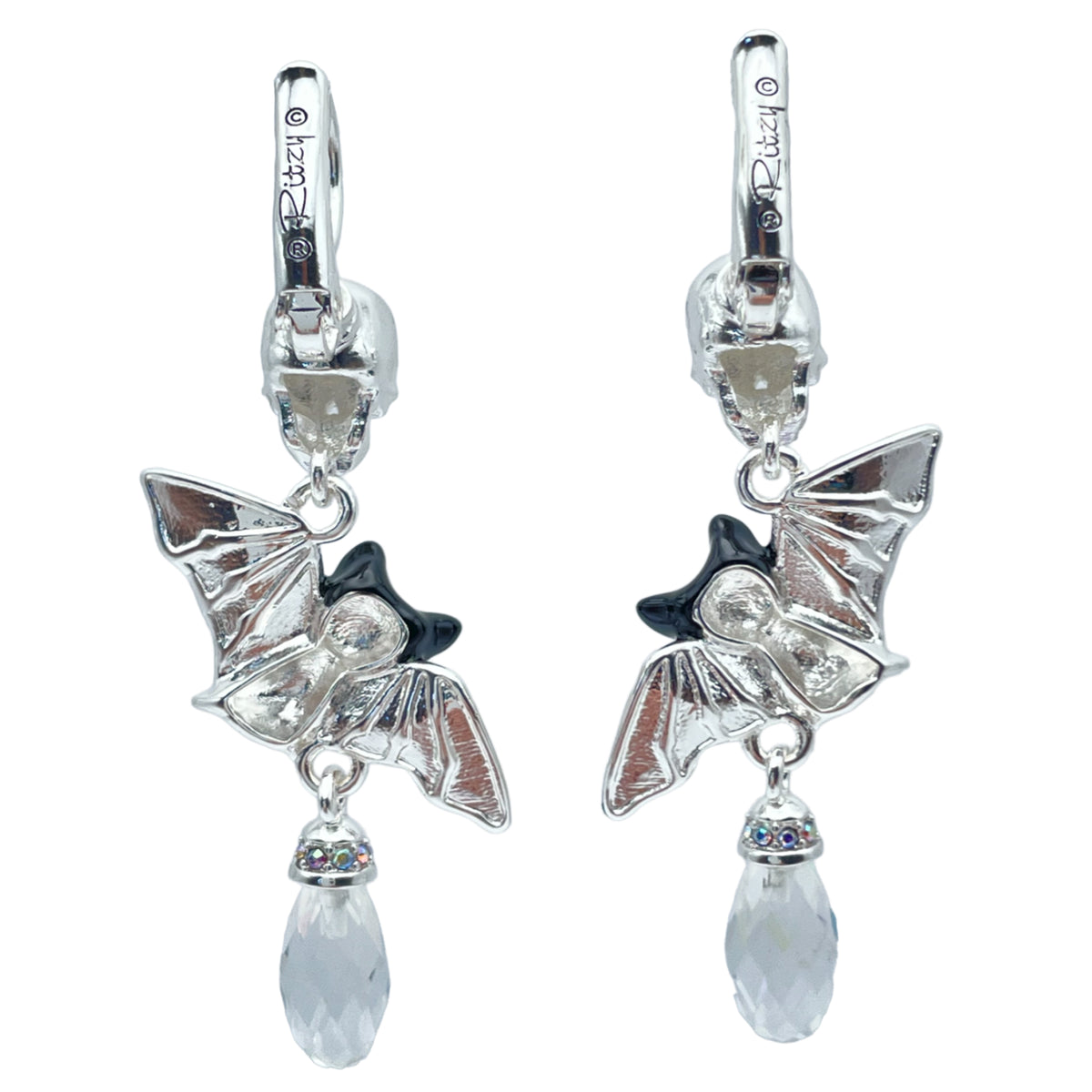 Halloween Bat Wing Skull Leverback Earrings Ritzy Couture DeLuxe-Fine Silver Plated
