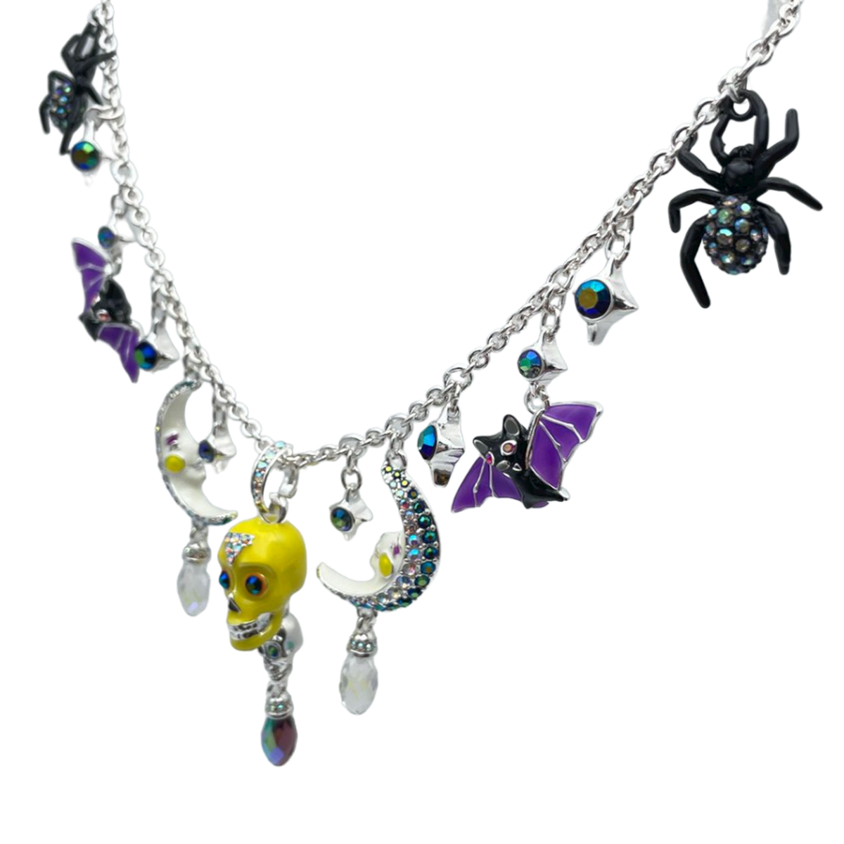 Halloween Spiders Bats Skulls Necklace Ritzy Couture DeLuxe Fine Silver Plating