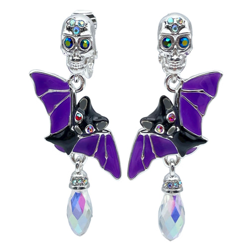 Halloween Bat Wing Skull Leverback Earrings Ritzy Couture DeLuxe-Fine Silver Plated