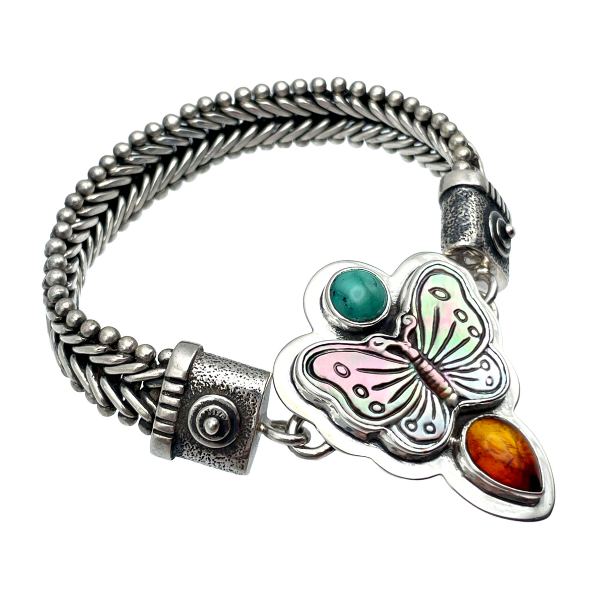 Tabra Jewelry Sterling Carved Mother Of Pearl Turquoise Carnelian Charm OOK505