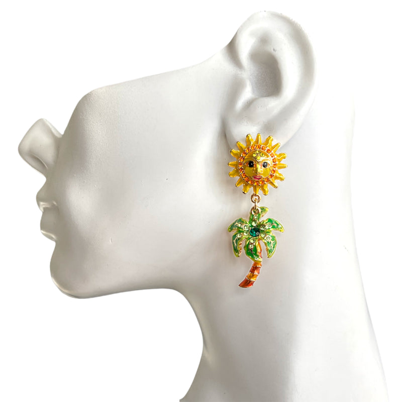 Sun and Palm Tree Tropical Breeze Earring - Ritzy Couture DeLuxe-18K Gold Plated