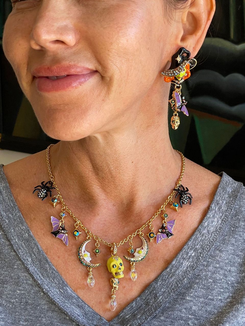 Halloween Spiders Bats and Skulls Necklace Ritzy Couture DeLuxe 18k Gold Plated