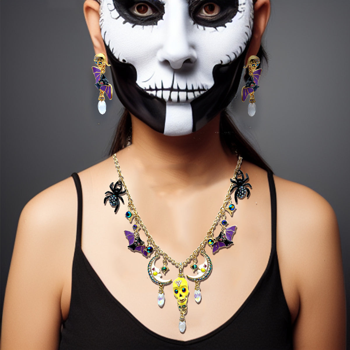 Halloween Spiders Bats and Skulls Necklace Ritzy Couture DeLuxe 18k Gold Plated