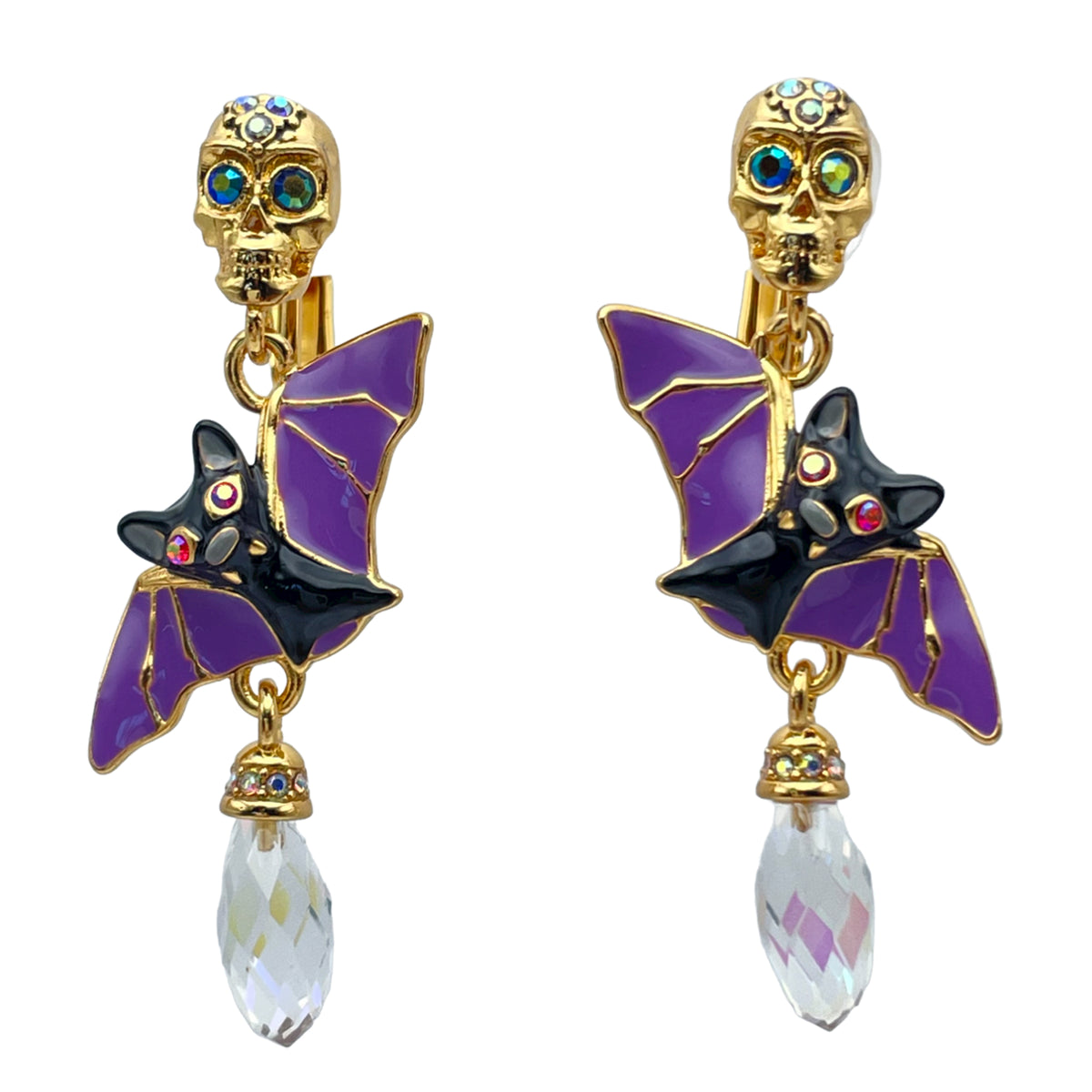 Halloween Bat Wing Skull Leverback Earrings Ritzy Couture DeLuxe 18k Gold Plated