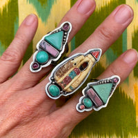 Tabra Jewelry 925 Silver Turquoise Pink Rhodonite Pink Turmaline Ring Sz 5 OOK515