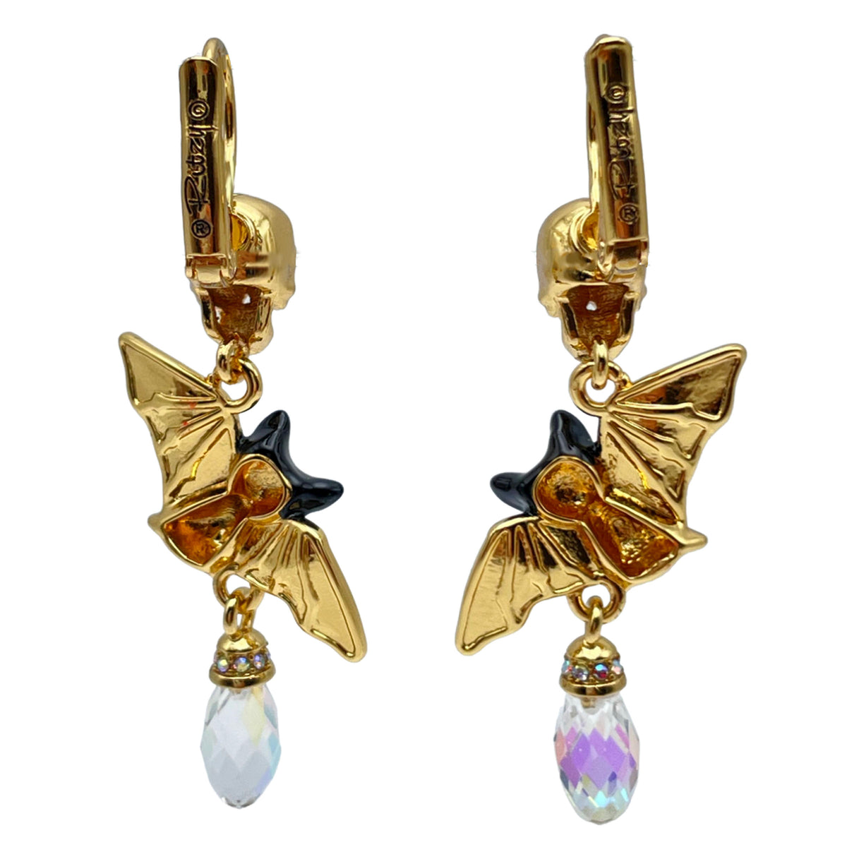 Halloween Bat Wing Skull Leverback Earrings Ritzy Couture DeLuxe 18k Gold Plated