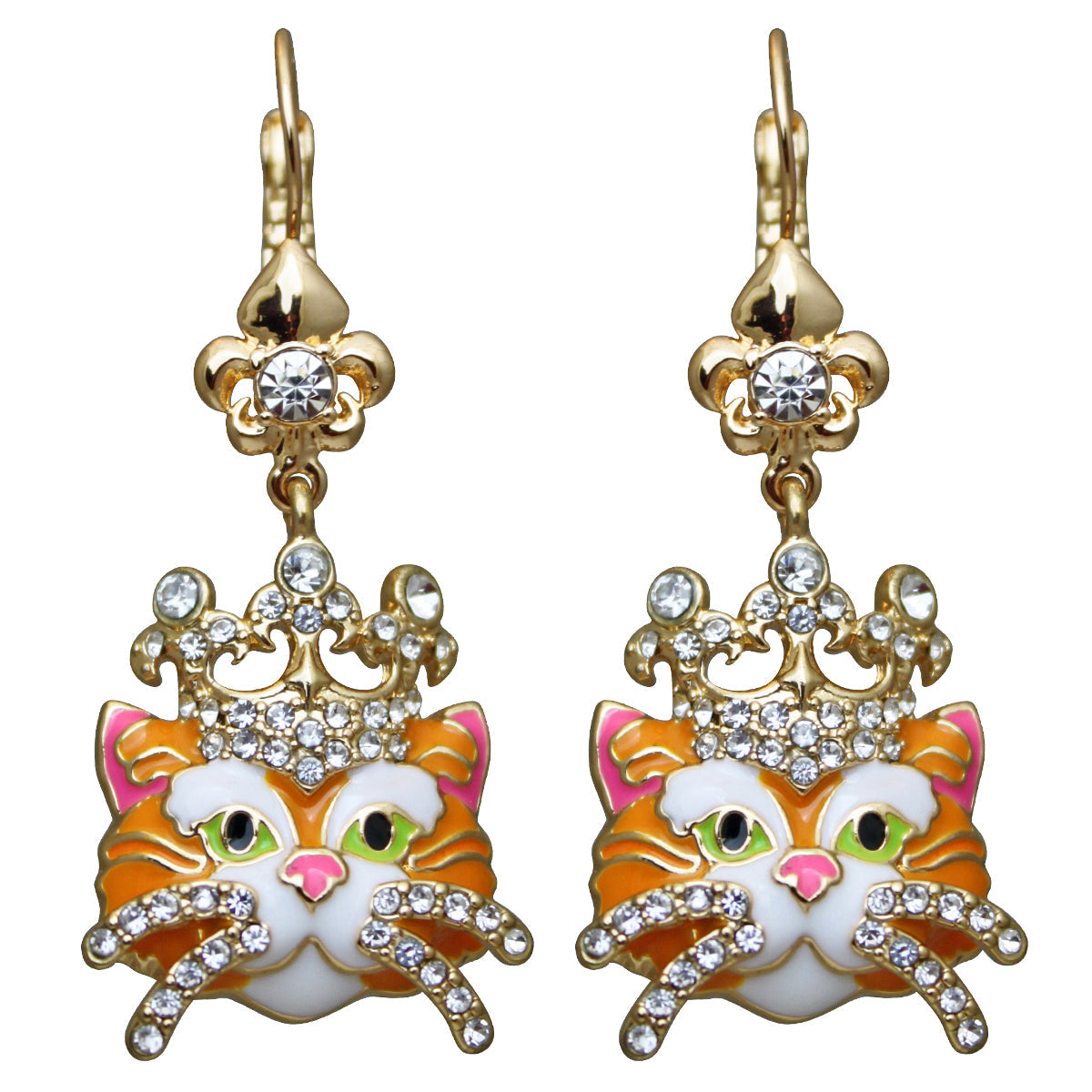 Ritzy Couture Princess Kitty Drop Leverback Cat Earrings (Goldtone) - Goldtone / Orange