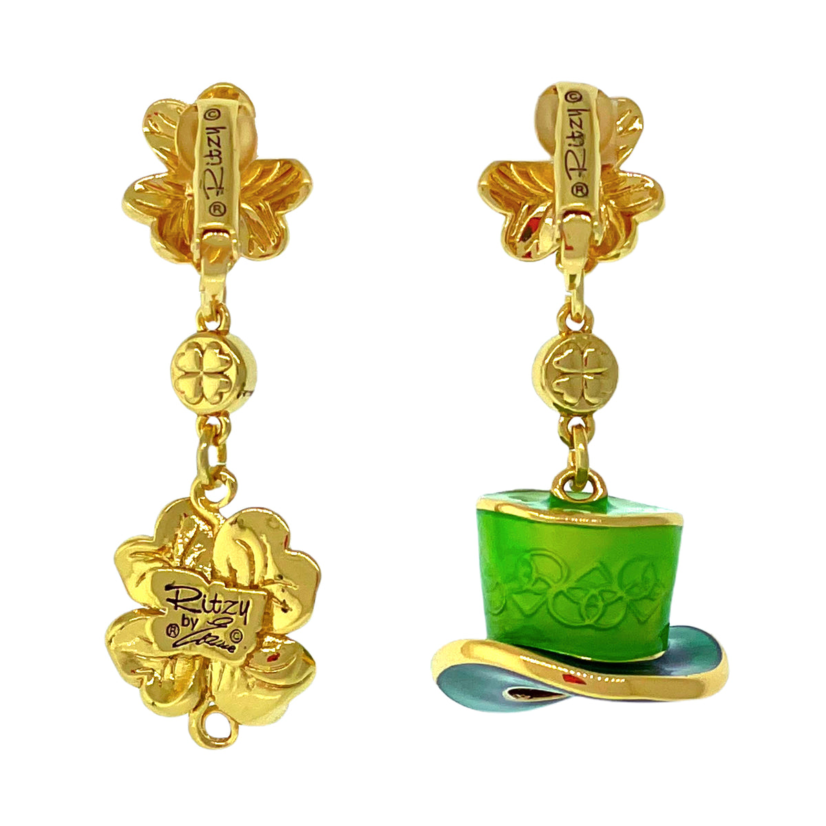 Leprechaun Hat Shamrock Crystal Earrings Ritzy Couture DeLuxe 18k Gold Plating