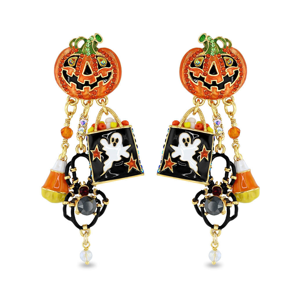 Esme Hecht's Ritzy Couture DeLuxe Earring featuring a Jack O'Lantern, Spider, and Candy - Unique Jewelry for Women over 30 Seeking Festive Halloween Elegance.