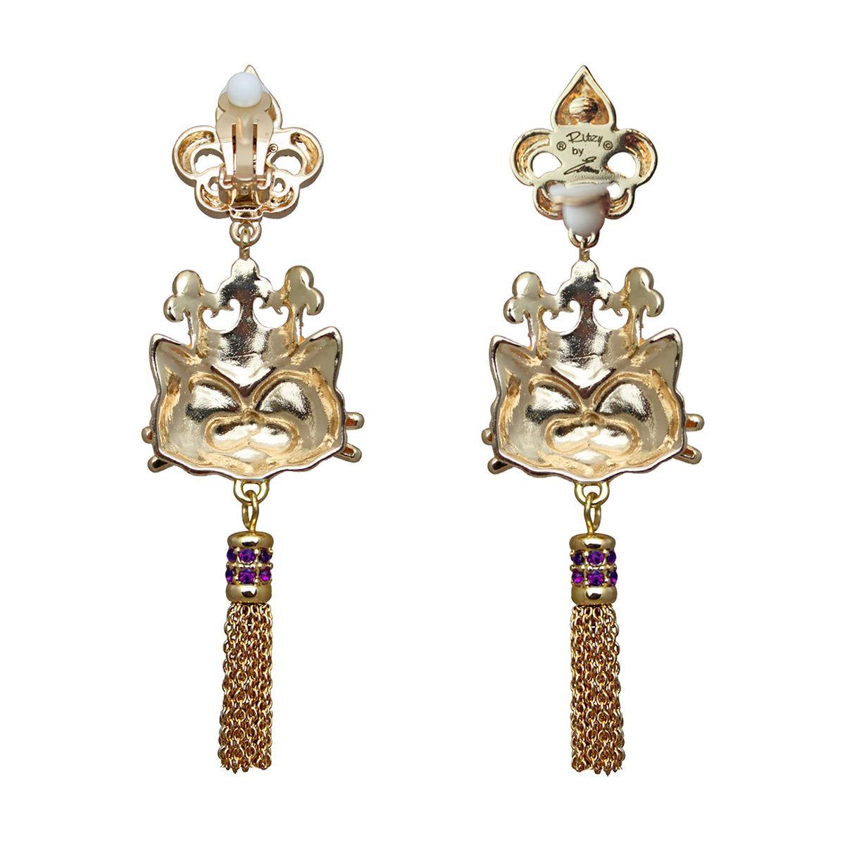 Ritzy Couture Princess Kitty Royal Crown Tabby Cat Enamel Tassel Earrings-Goldtone