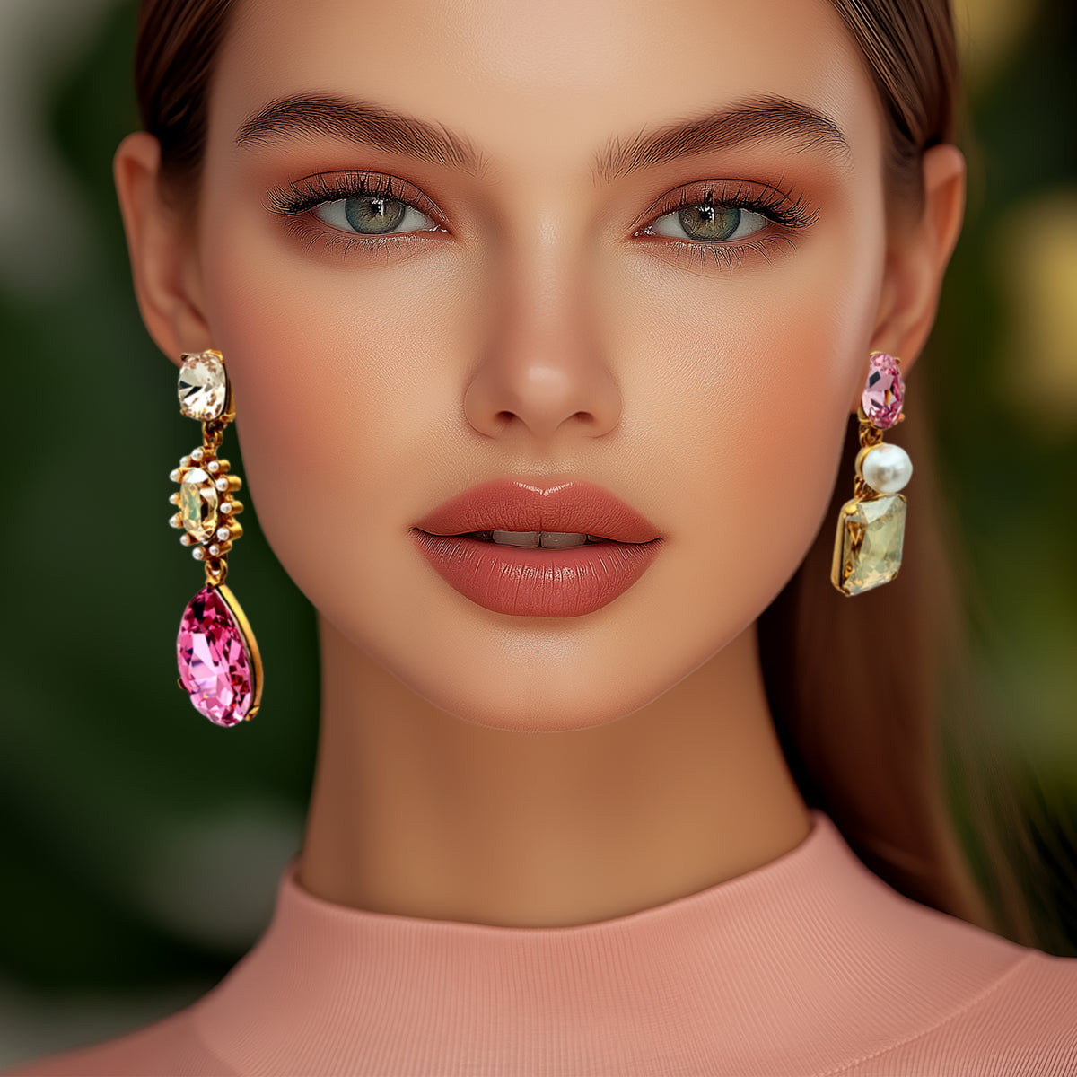 Model wearing Oscar de la Renta asymmetrical earrings, showcasing their vibrant rose crystals, luminous pearls, and elegant antique gold finish.