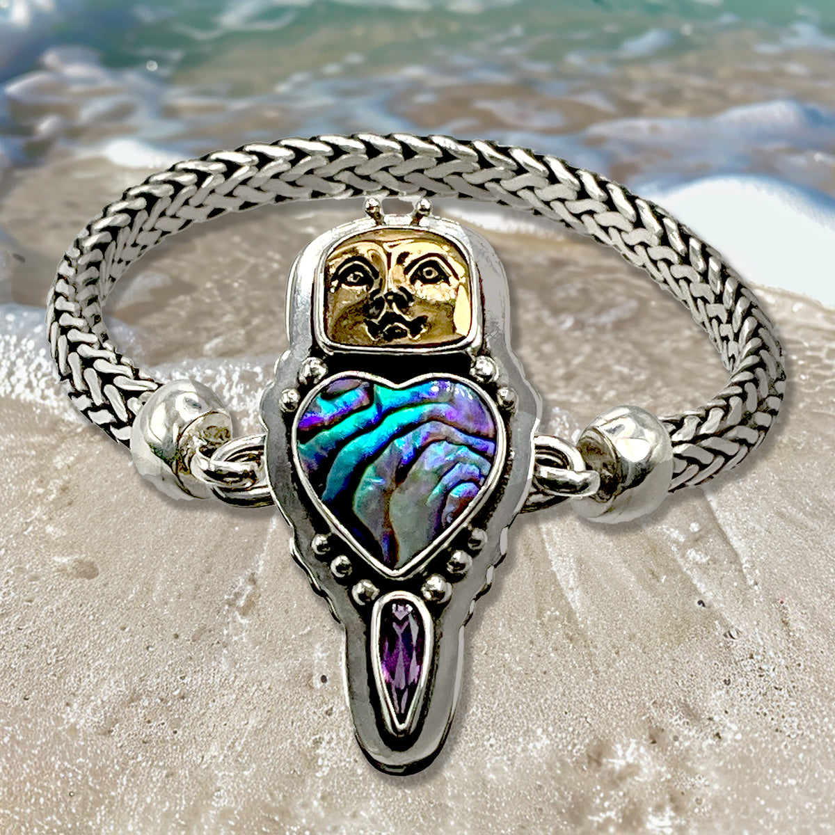 Tabra Jewelry 925 Silver Abalone & Amethyst Bronze Face Connector Charm - 00K610