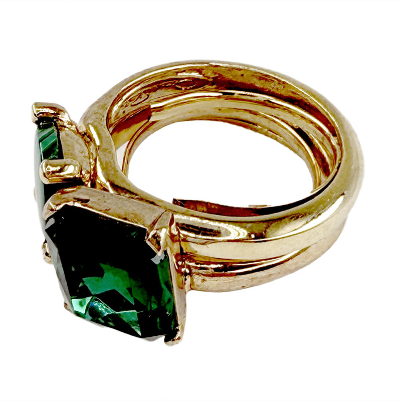 Oscar de la Renta Emerald Crystal & Malachite Double Rings Set Gold Plated Rare