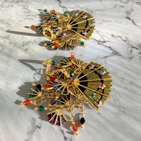 Vintage Lunch at The Ritz Fan Dance Earrings Dangling Enamel Crystal Statement