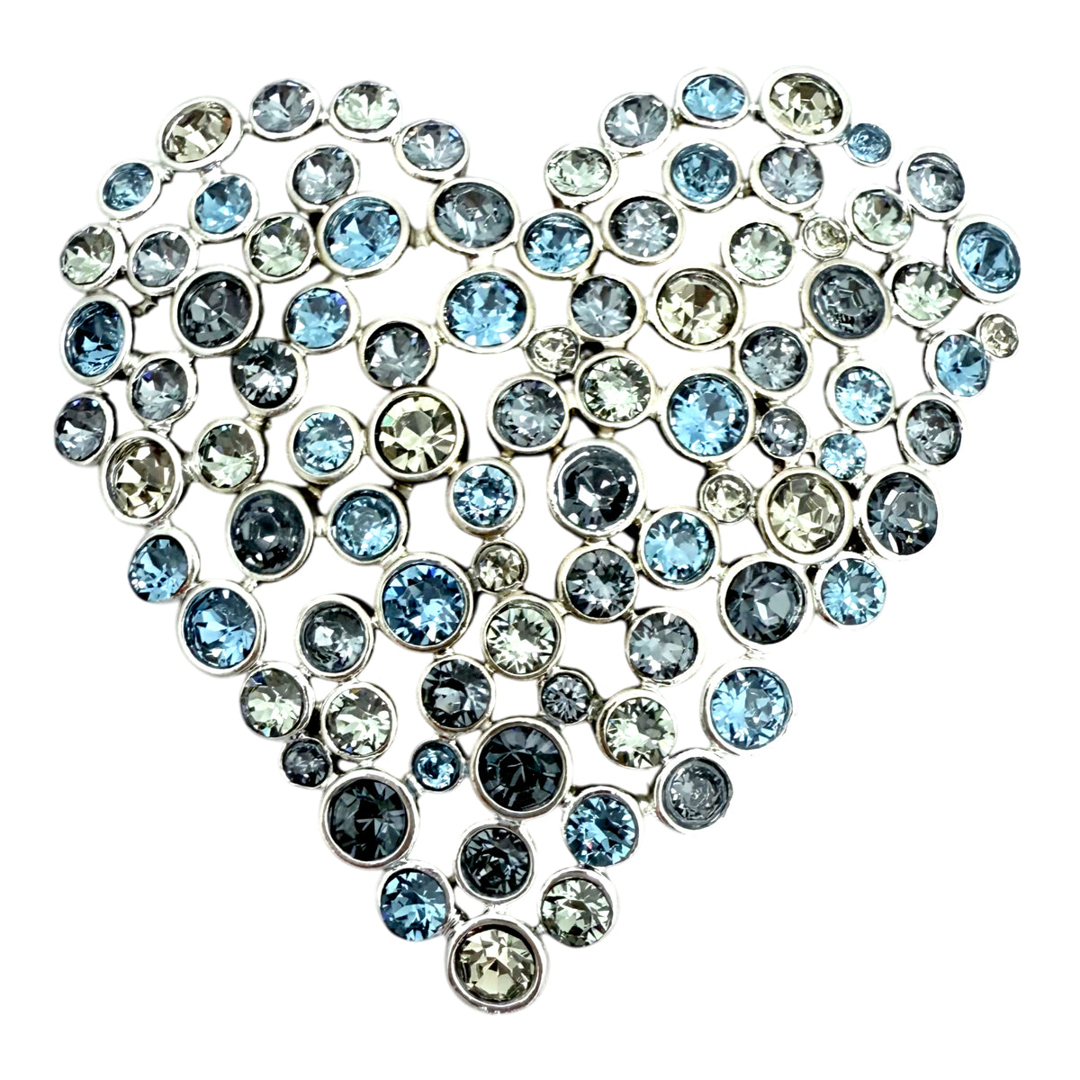 Oscar de la Renta Multi-Blue Austrian Crystal Open-Work Heart Brooch, 3” x 2.75”