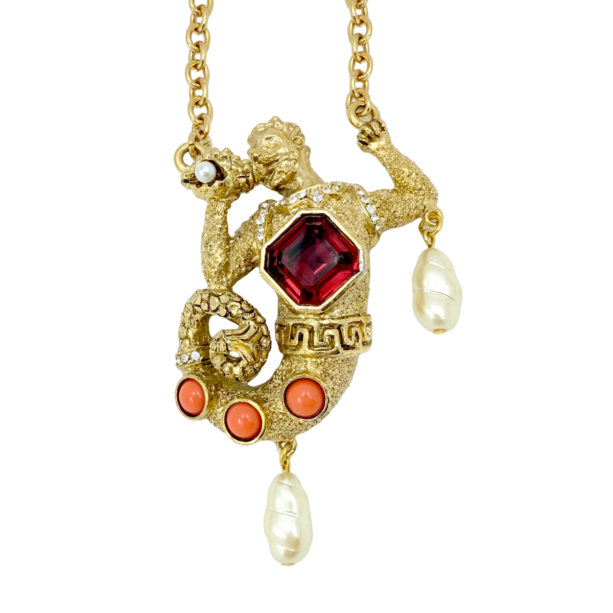Kenneth Jay Lane Antique Gold Plate Swarovski Crystal Merman Mythology Necklace