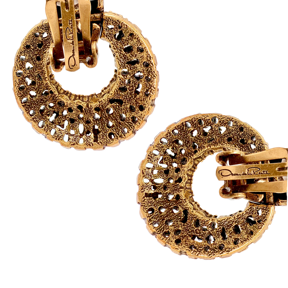Oscar De La Renta Emerald Green Gold Swarovski Crystals Doorknocker Clip Hoops