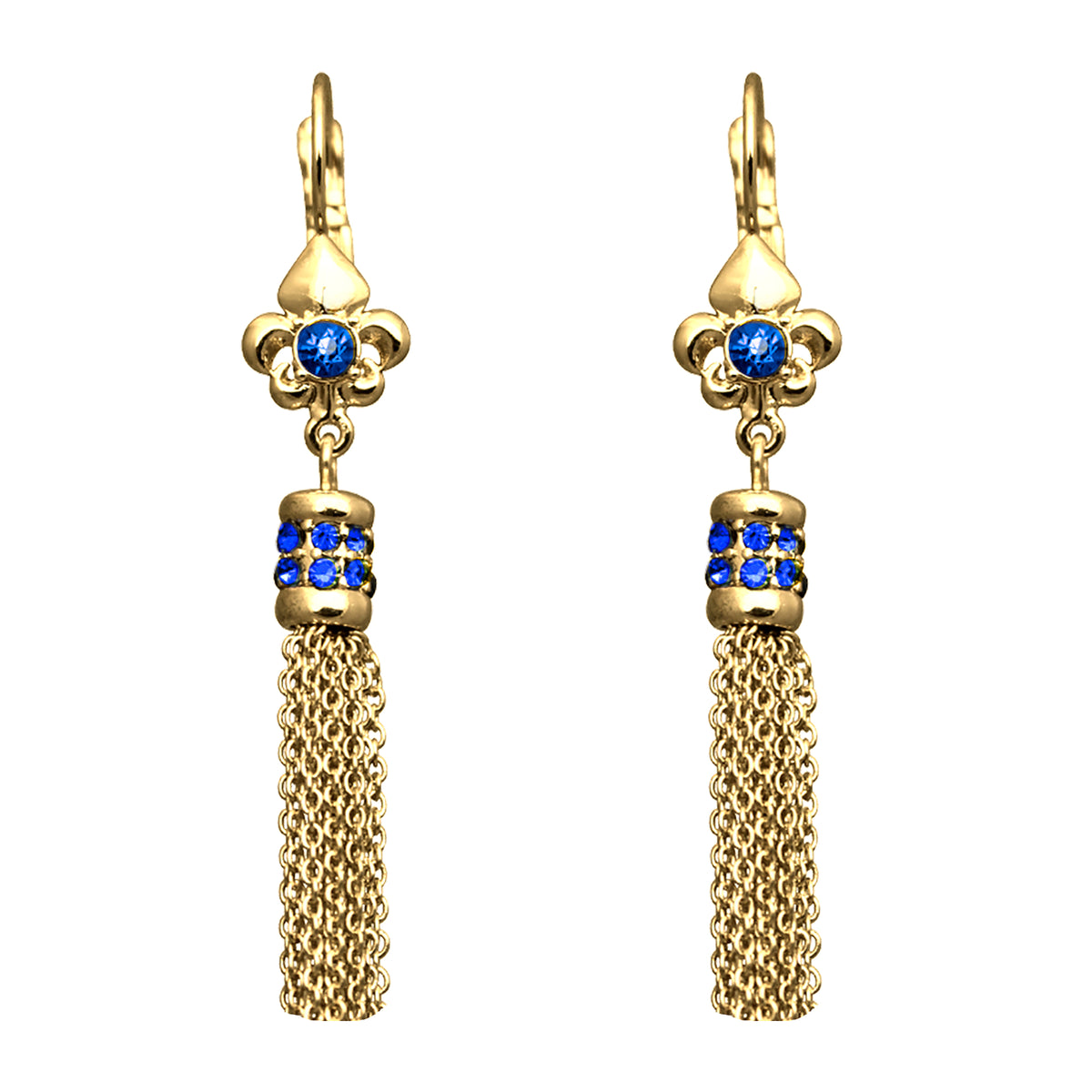 Ritzy Couture Fleur-de-Lis Capri Blue Tassel Leverback Earrings - Goldtone Luxury