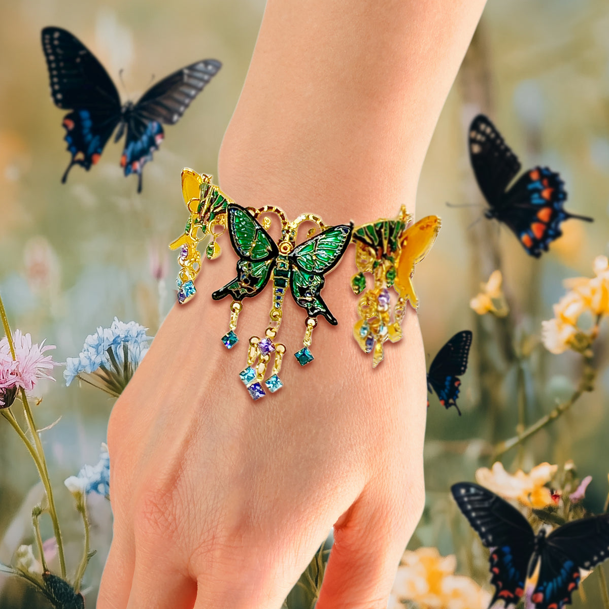 Lunch at The Ritz Emerald Monarch Butterfly Bracelet Crystal 22k Gold Plated