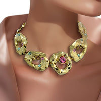 Oscar de la Renta Textured Metal and Crystal Hammered Collar Necklace 16" Long