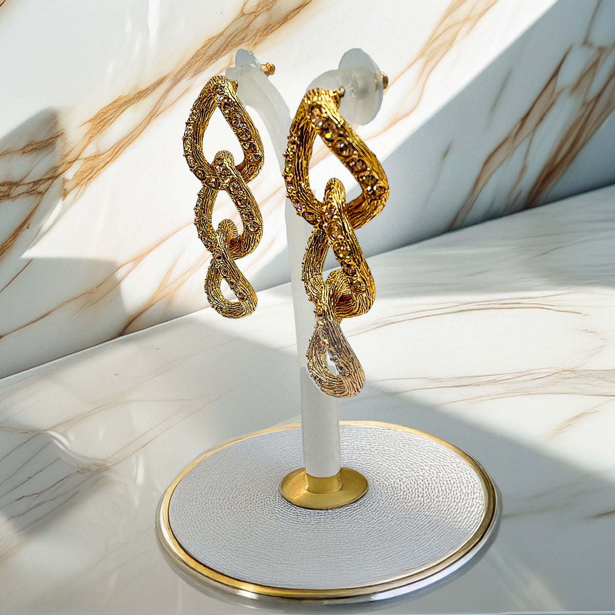Oscar De La Renta Gold Topaz Swarovski Crystal Chain Link Pierced Earrings