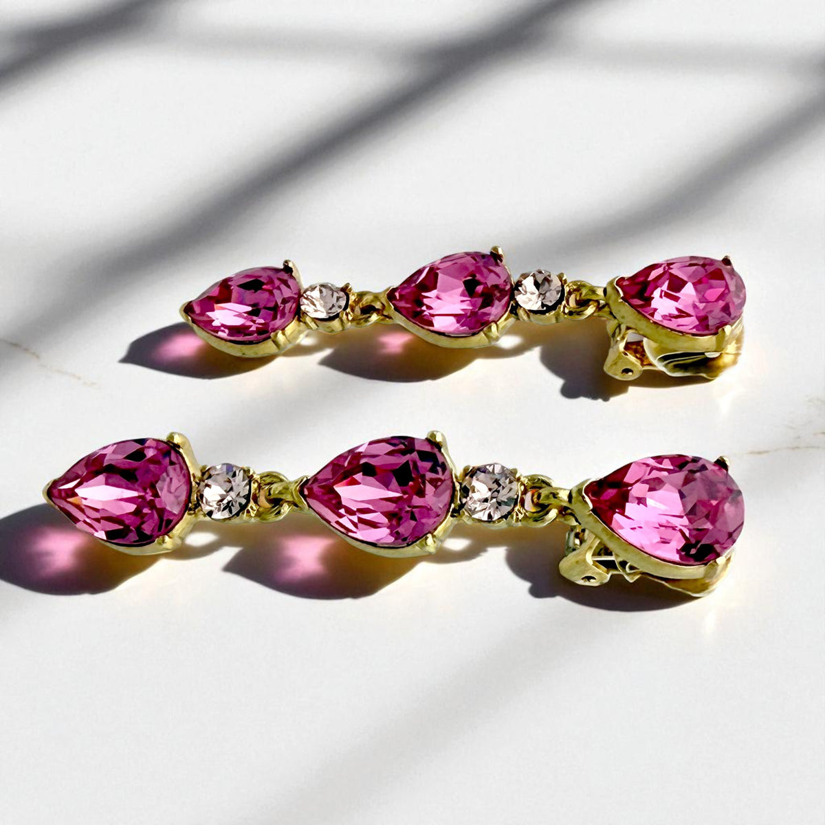 Oscar de la Renta Rose Pink Swarovski Crystal Drop Clip Earrings – Gold Plated