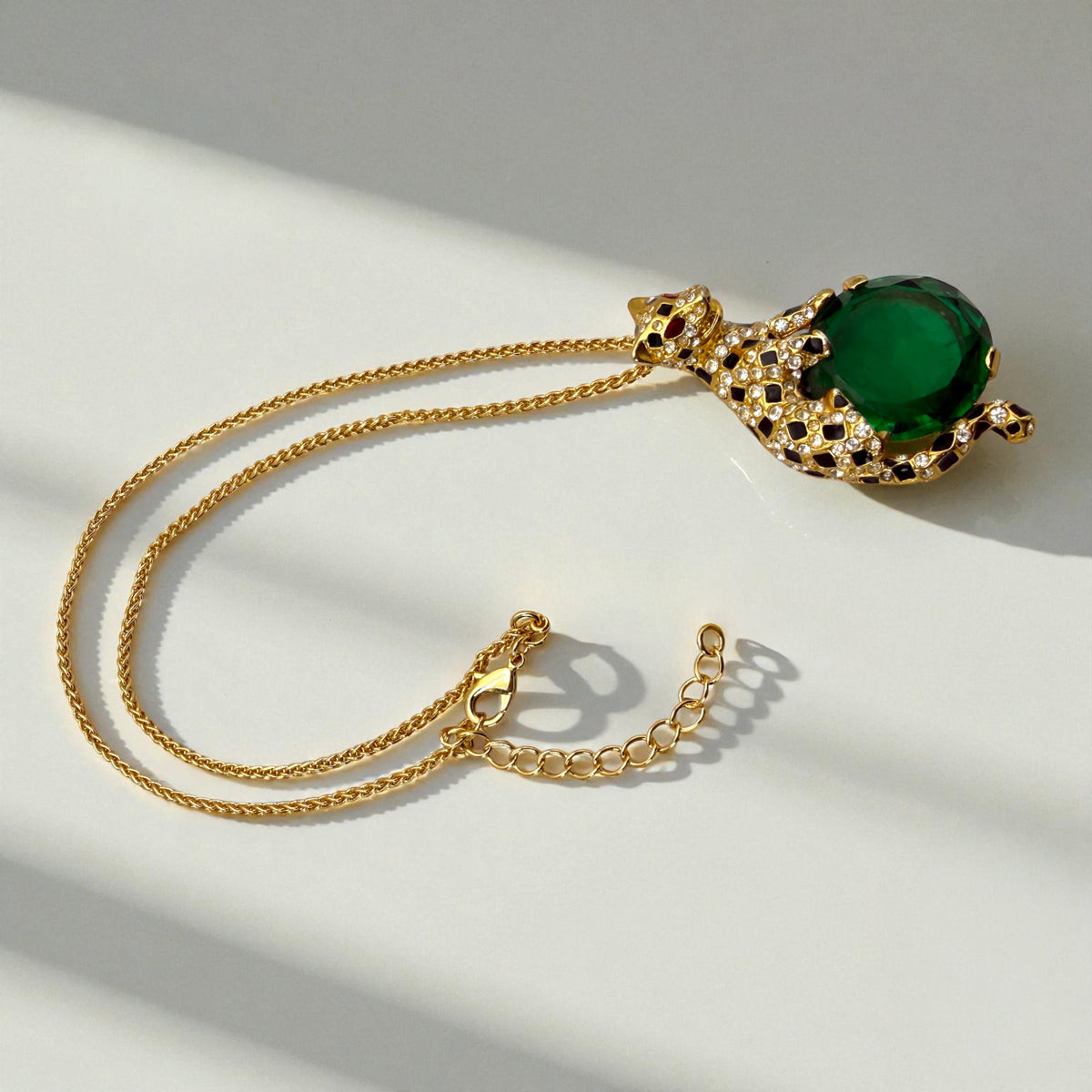 Kenneth Jay Lane Gold Swarovski Crystal Emerald Leopard Pendant Necklace