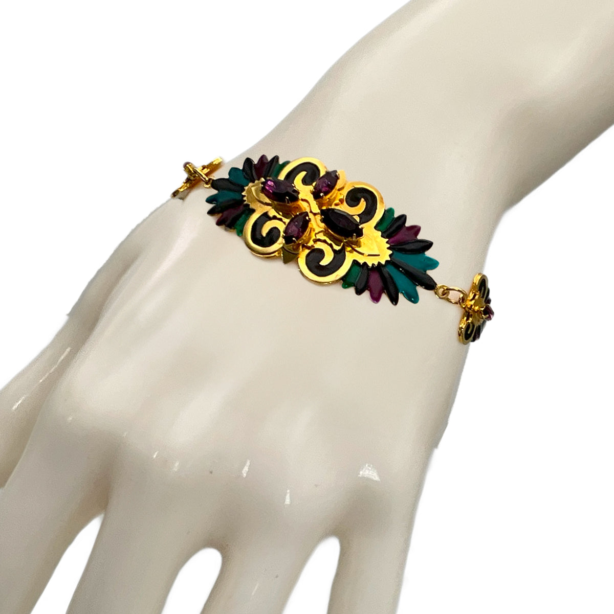 Lunch at The Ritz Art Nouveau Plume Bracelet - Peacock Inspired 22k Gold Plated