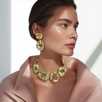 Oscar de la Renta Textured Metal and Crystal Hammered Collar Necklace 16" Long