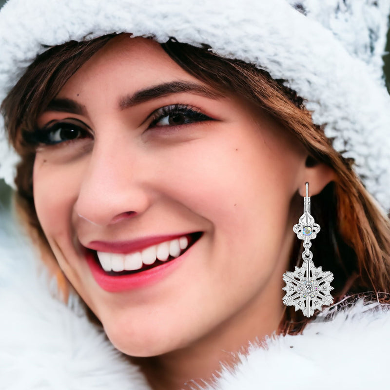 Sparkling Winter Snowflake Drope Earrings Ritzy Couture DeLuxe-Fine Silver Plate - Silver