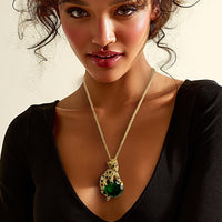 Kenneth Jay Lane Gold Swarovski Crystal Emerald Leopard Pendant Necklace