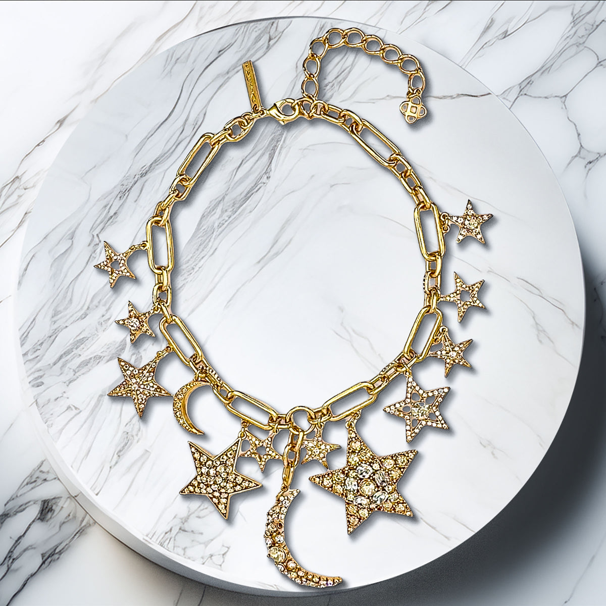 Oscar De La Renta Gold Crystal Star And Moon Celestial Charm Statement Necklace