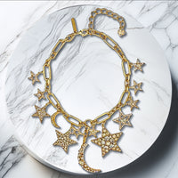 Oscar De La Renta Gold Crystal Star And Moon Celestial Charm Statement Necklace