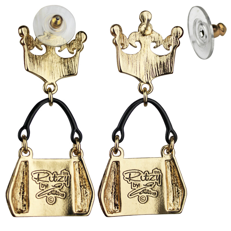 Ritzy Couture Crown & Handbag Black White Zebra Shopping Charm Earrings Goldtone