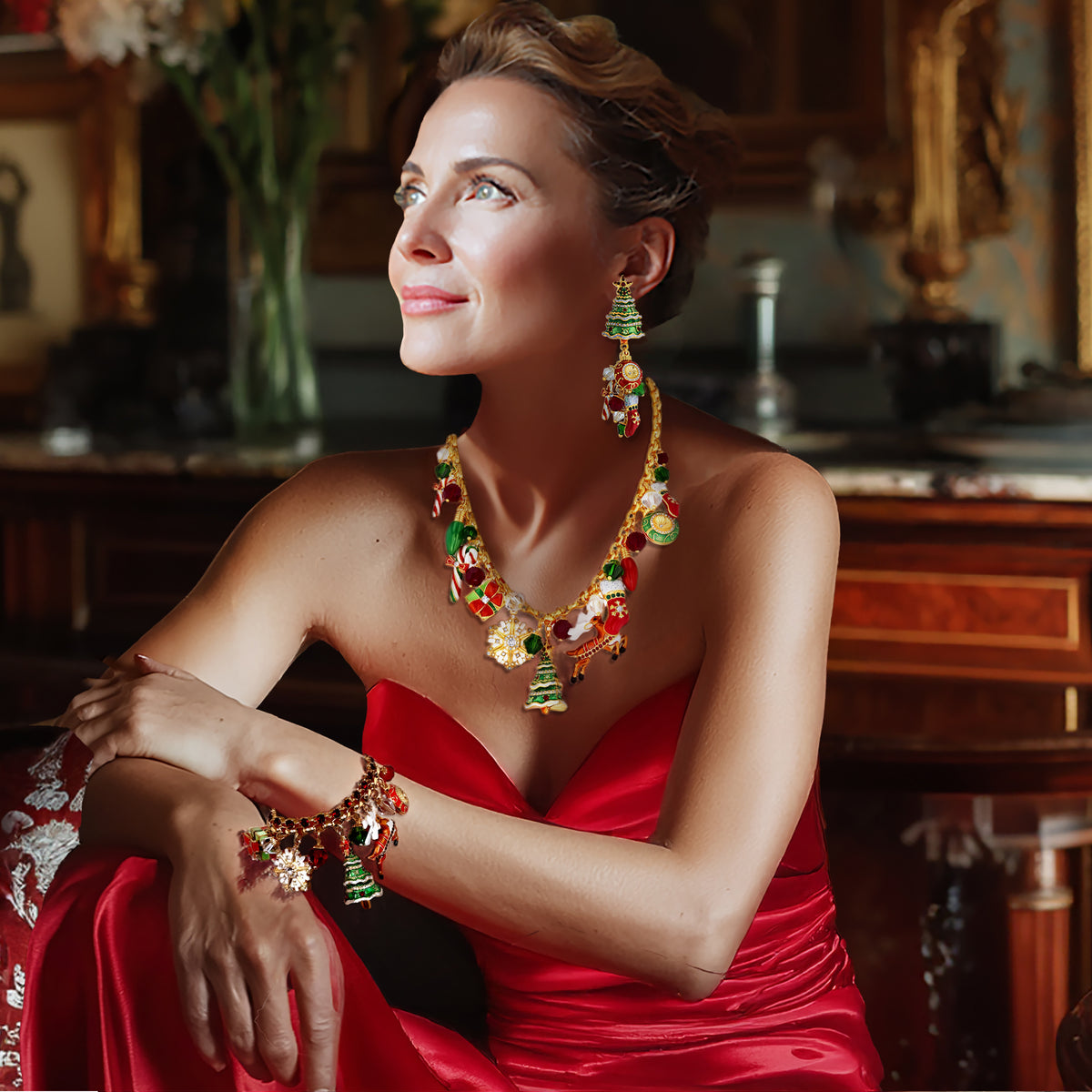 Merry Christmas Multi Charm Necklace by Ritzy Couture DeLuxe – 22k Gold Plated