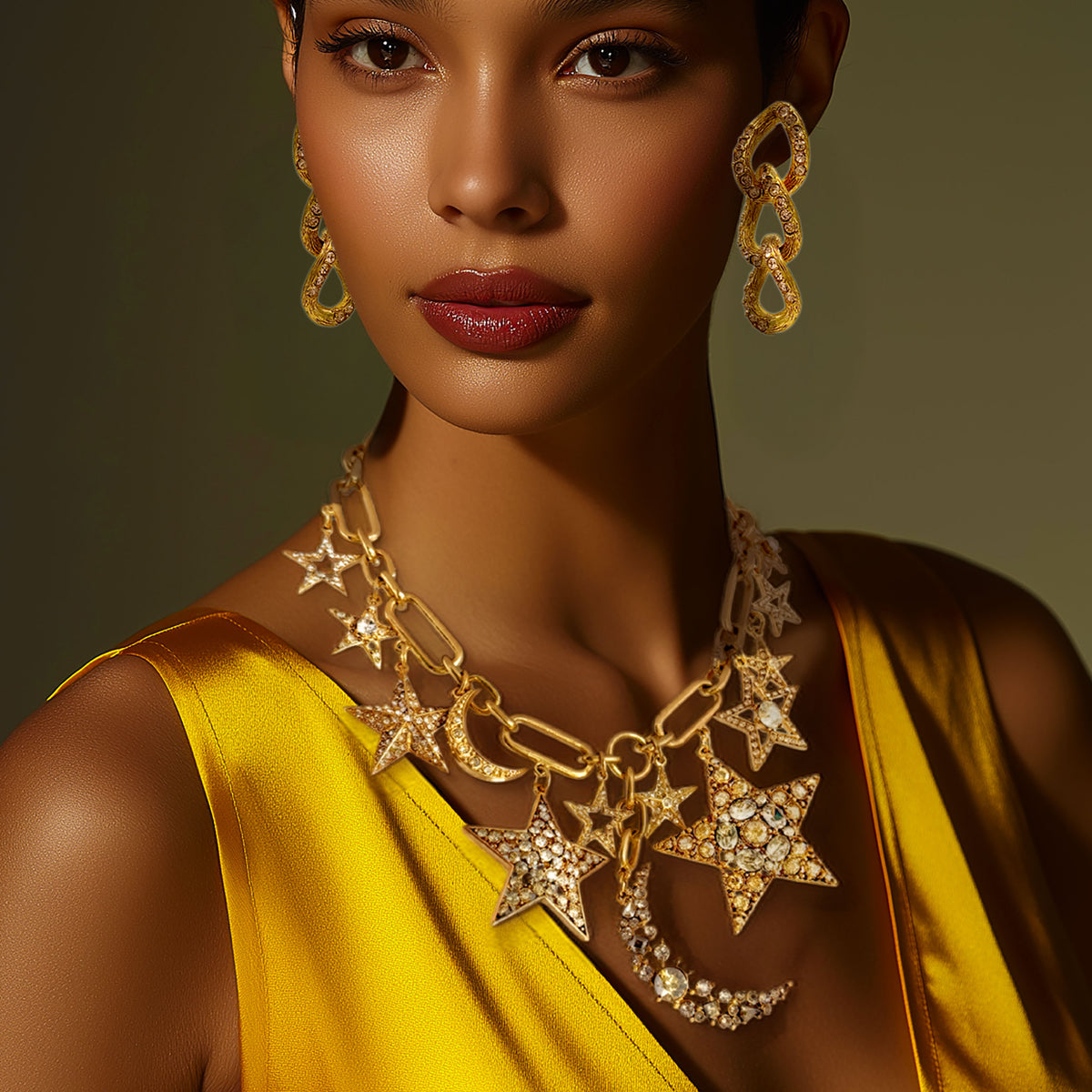 Oscar De La Renta Gold Crystal Star And Moon Celestial Charm Statement Necklace