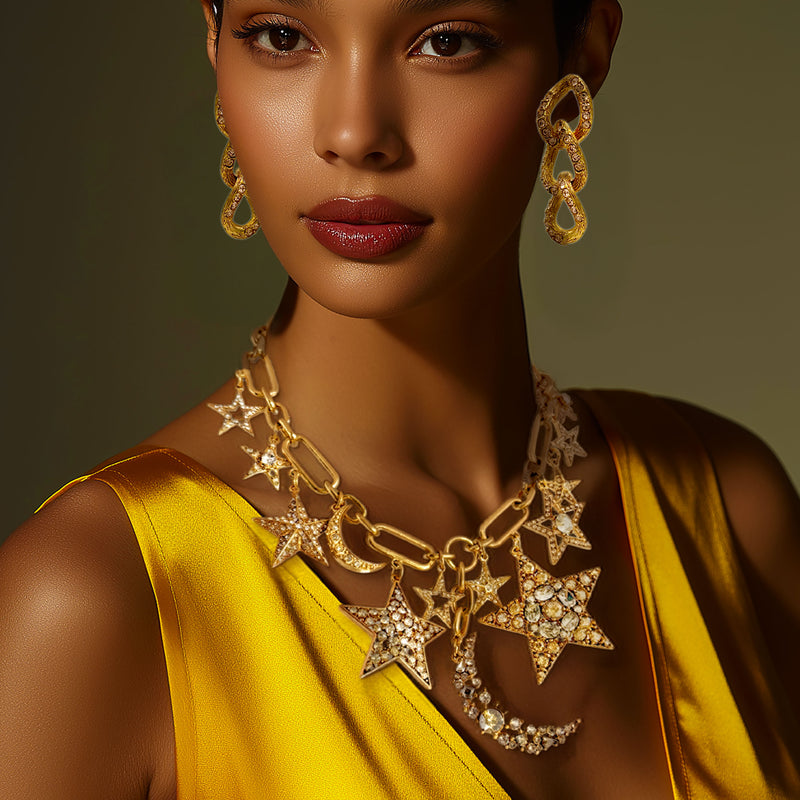 Oscar De La Renta Gold Crystal Star And Moon Celestial Charm Statement Necklace