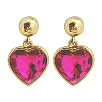 Oscar de la Renta Fuchsia Heart Austrian Crystal 22K Goldtone Post Earrings, 1.75"