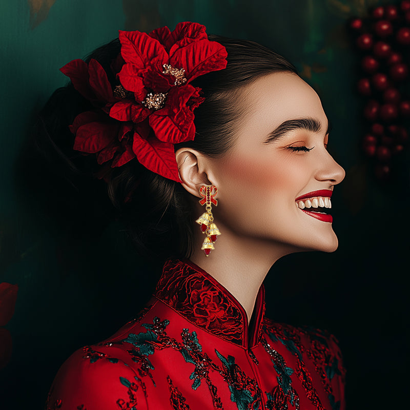 Ritzy Couture Deluxe Red and Gold Christmas Earrings – Holiday Jewelry Gift
A festive close-up of a smiling woman wearing Ritzy Couture DeLuxe Christmas earrings, with intricate red and gold holiday details. A stunning accessory for Christmas parties or gift-giving.
