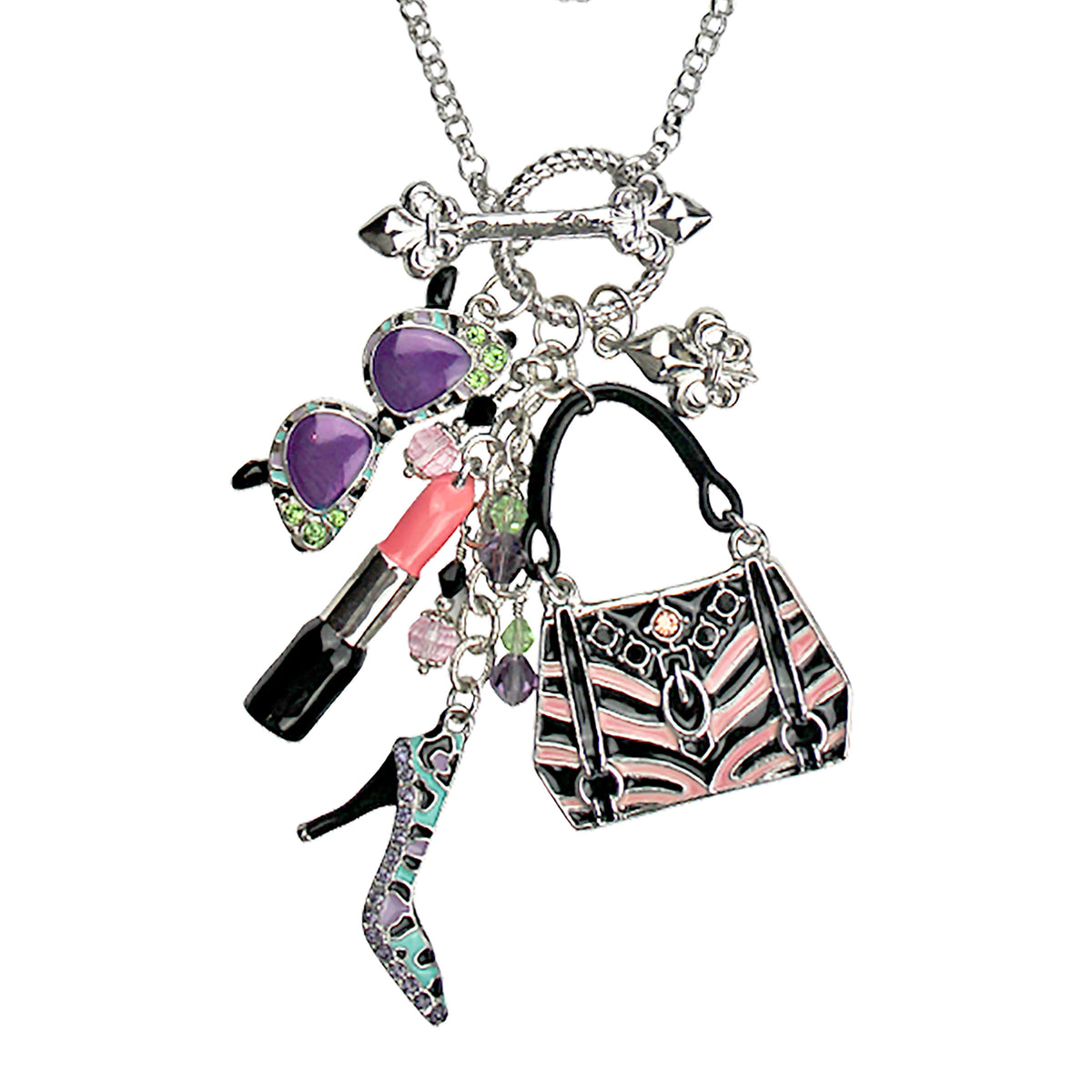 Shopping Deluxe Multi Charm Pastel Toggle Necklace (Silvertone) Ritzy Couture - Multicolor