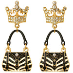 Ritzy Couture Crown & Handbag Black & White Zebra Shopping Charm Earrings Goldtone