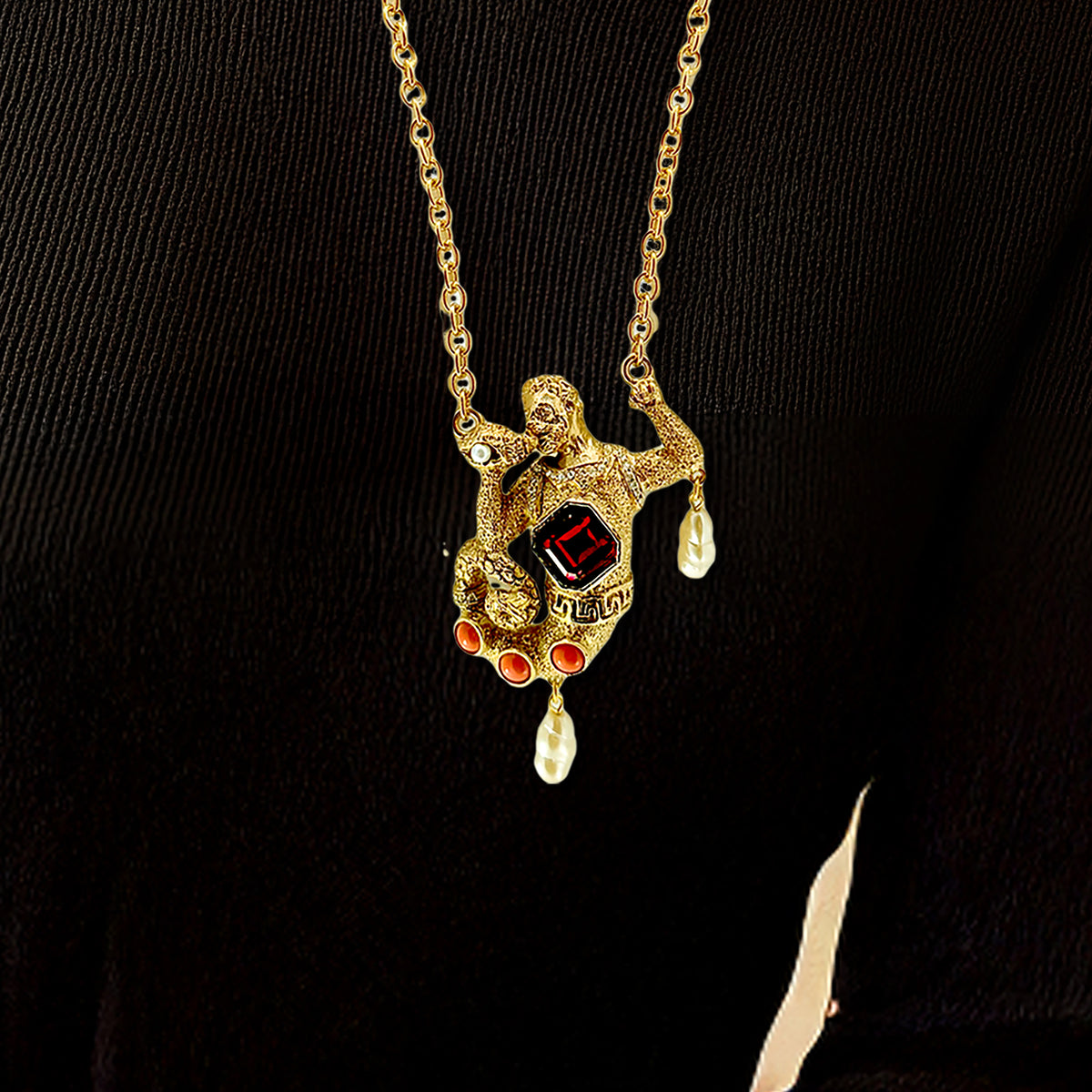 Kenneth Jay Lane Antique Gold Plate Swarovski Crystal Merman Mythology Necklace