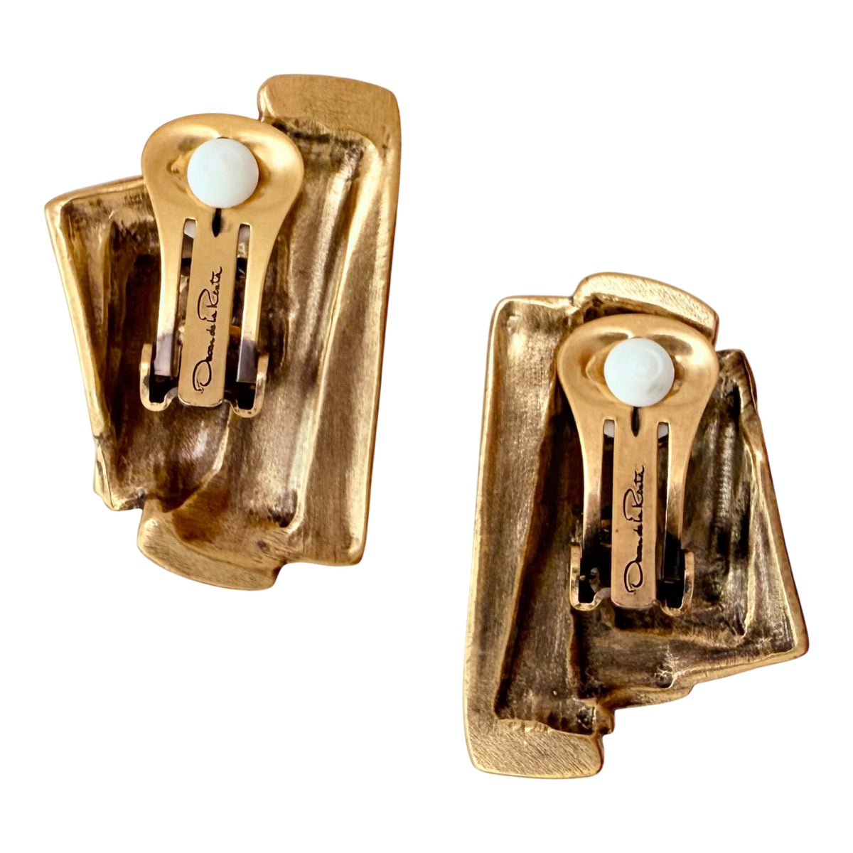 Oscar de la Renta Abstract Geometric Clip-On Earrings Antique Gold Rare Sample